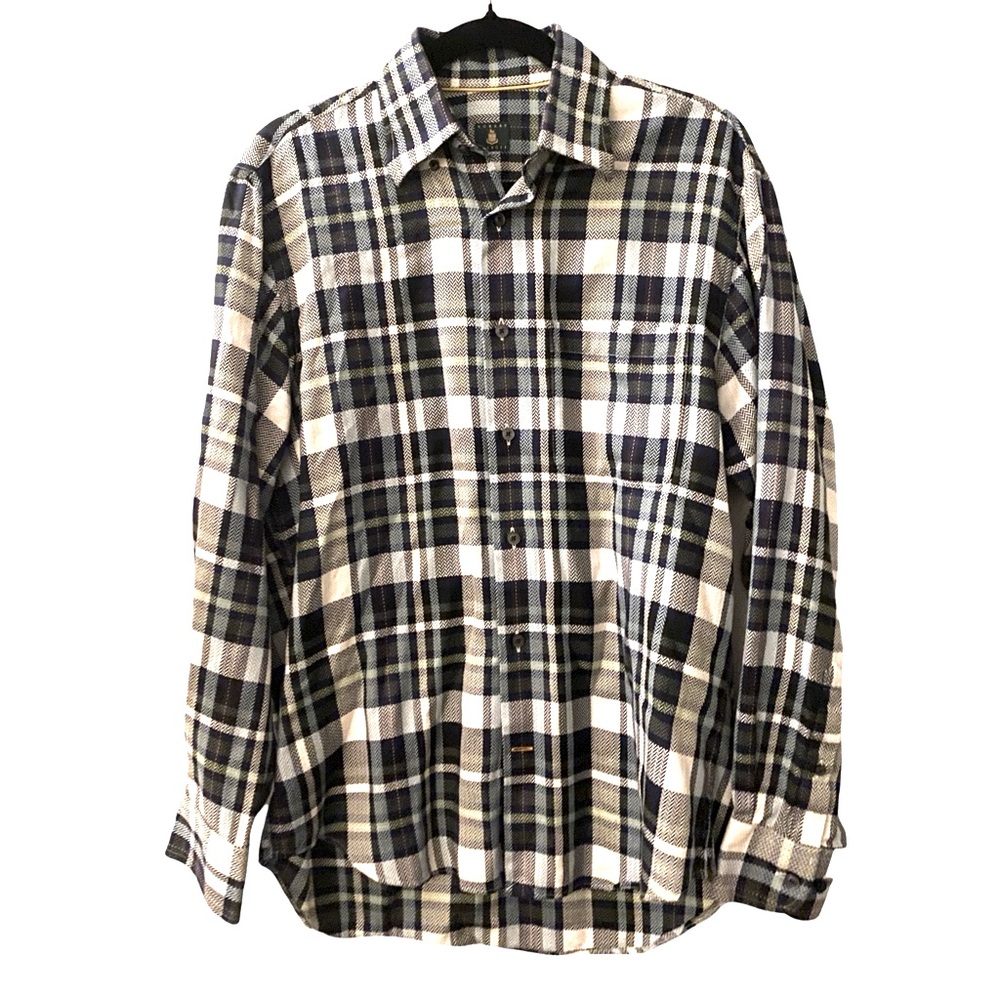 Robert Talbott Plaid Shirt Medium Blue 100% Cotton Long Sleeve